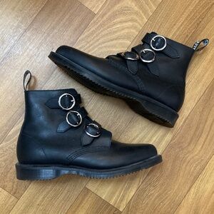 Dr. Martens Maudie Black Leather Biker Boots Triple Buckle Size US 6 Excellent
